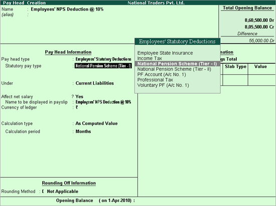 Creating NPS Deduction Pay Head For Employees Payroll 