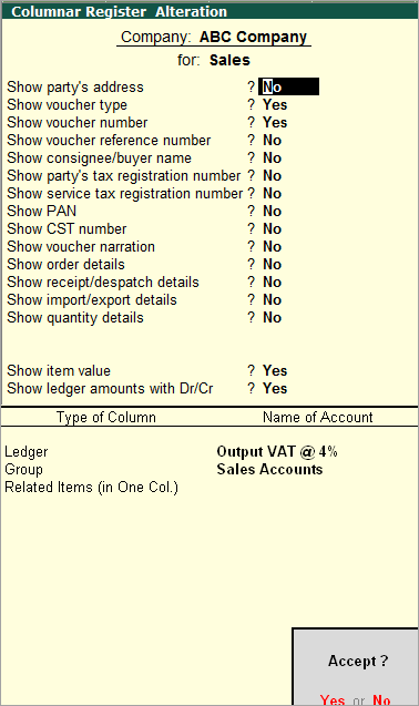 Columnar Sales Register
