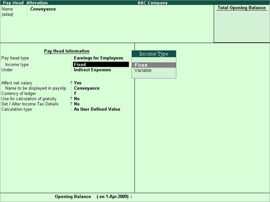 Earnings Pay Head With Fixed Income Type Payroll 