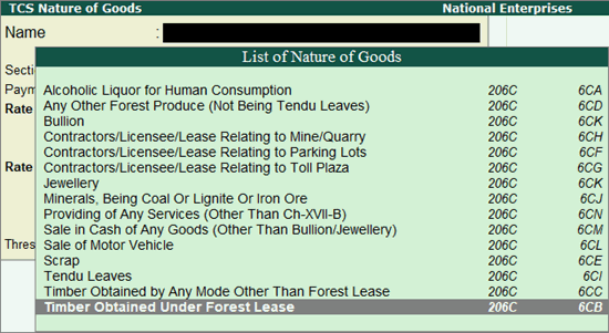 Create Nature Of Goods Tcs 6070