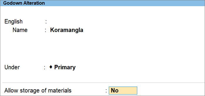 Disable Storage of Materials in Godown in TallyPrime