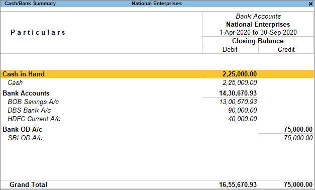 Selecting Cash Book on the Cash/Bank Summary screen in TallyPrime