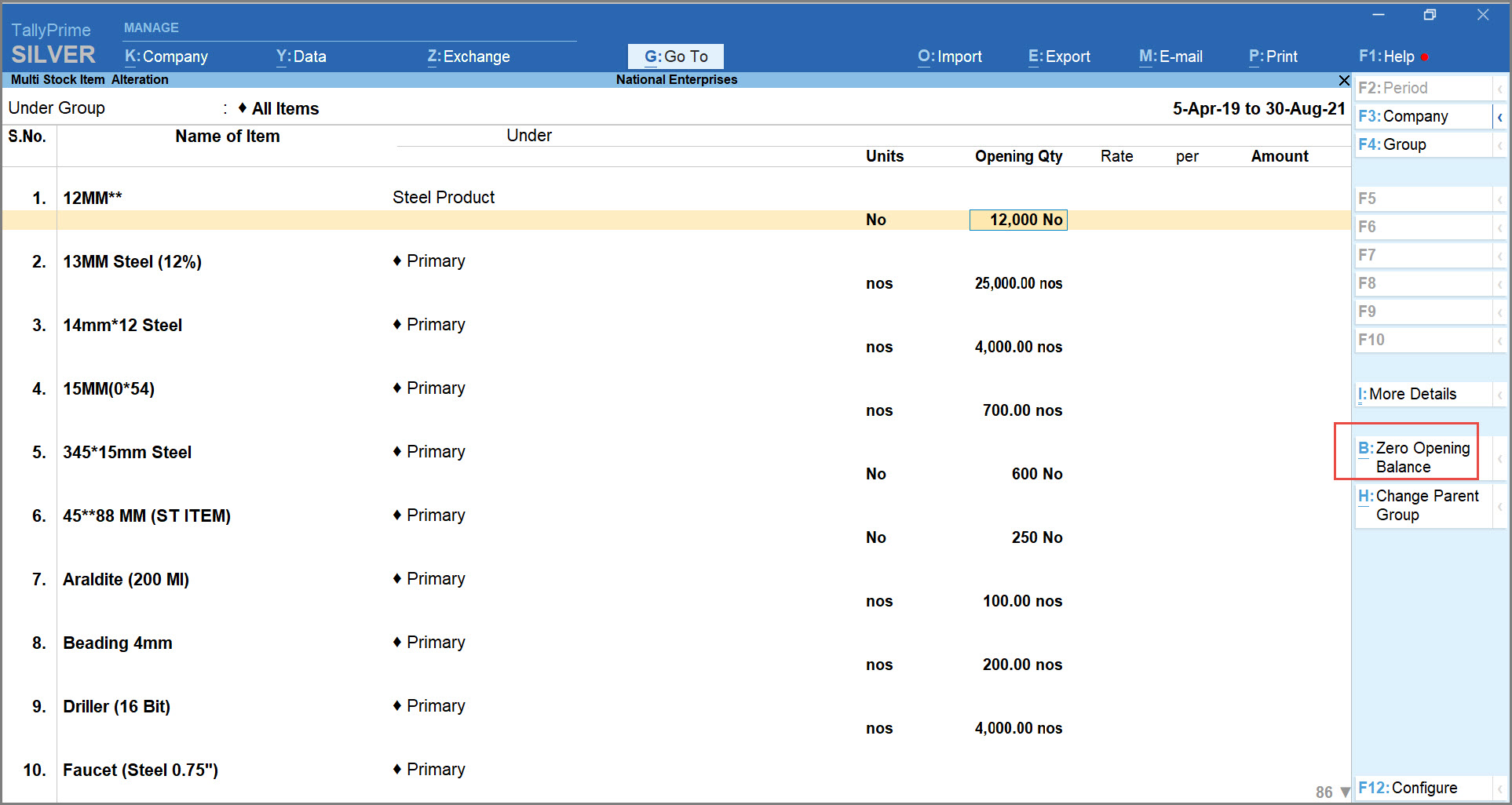 Remove Opening Quantity from Stock Items in TallyPrime