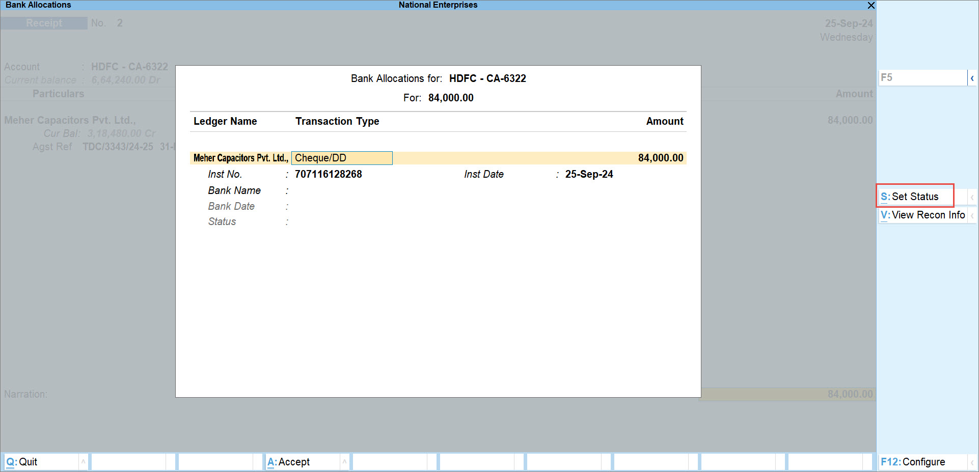 Set Status for Receipt Voucher