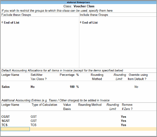 Create a Voucher Class for the Sales Voucher Type in TallyPrime