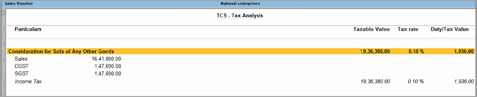 TCS Tax Analysis in TallyPrime