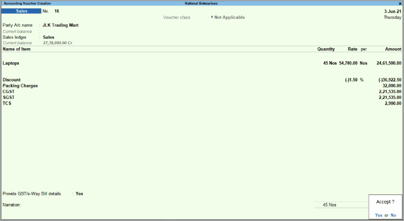 Sales Voucher in TallyPrime