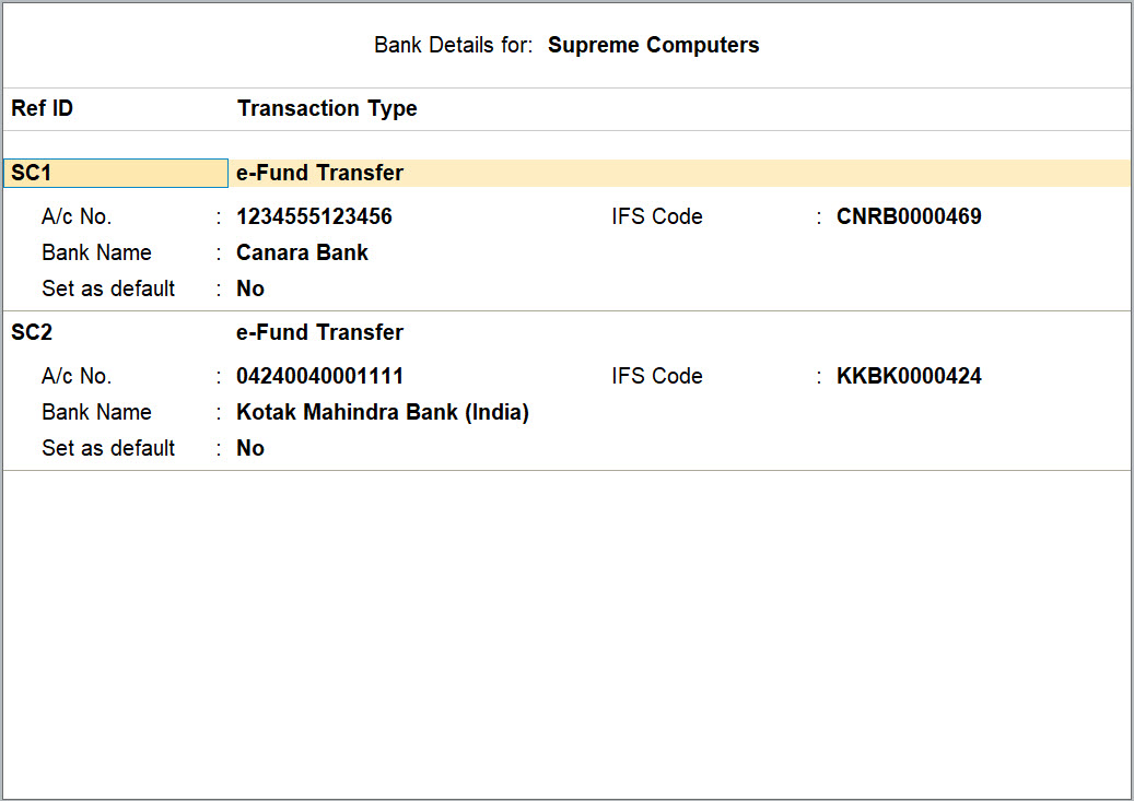 Bank Details Screen in the Bank Ledger in TallyPrime