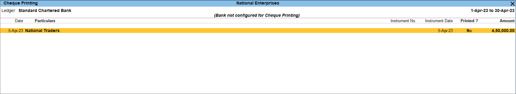 Bank not configured for cheque printing