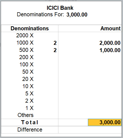 Cash Denominations for Bank Ledger in TallyPrime