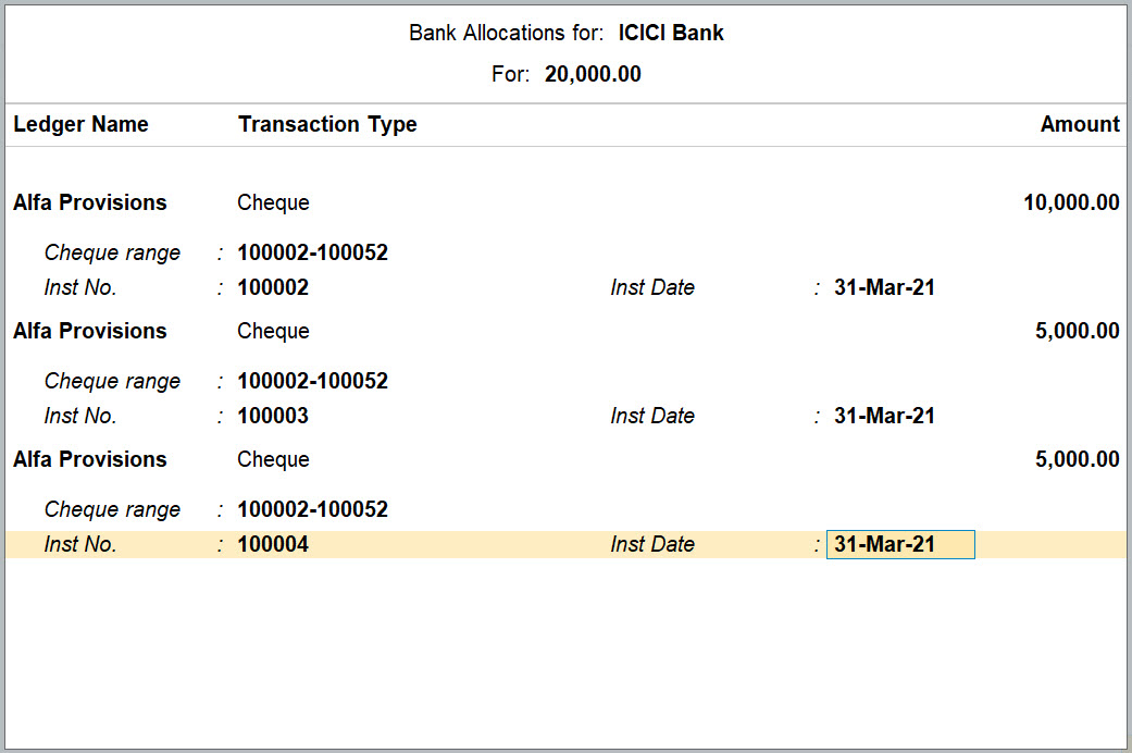 Bank Allocation Screen for Bank Ledger in TallyPrime