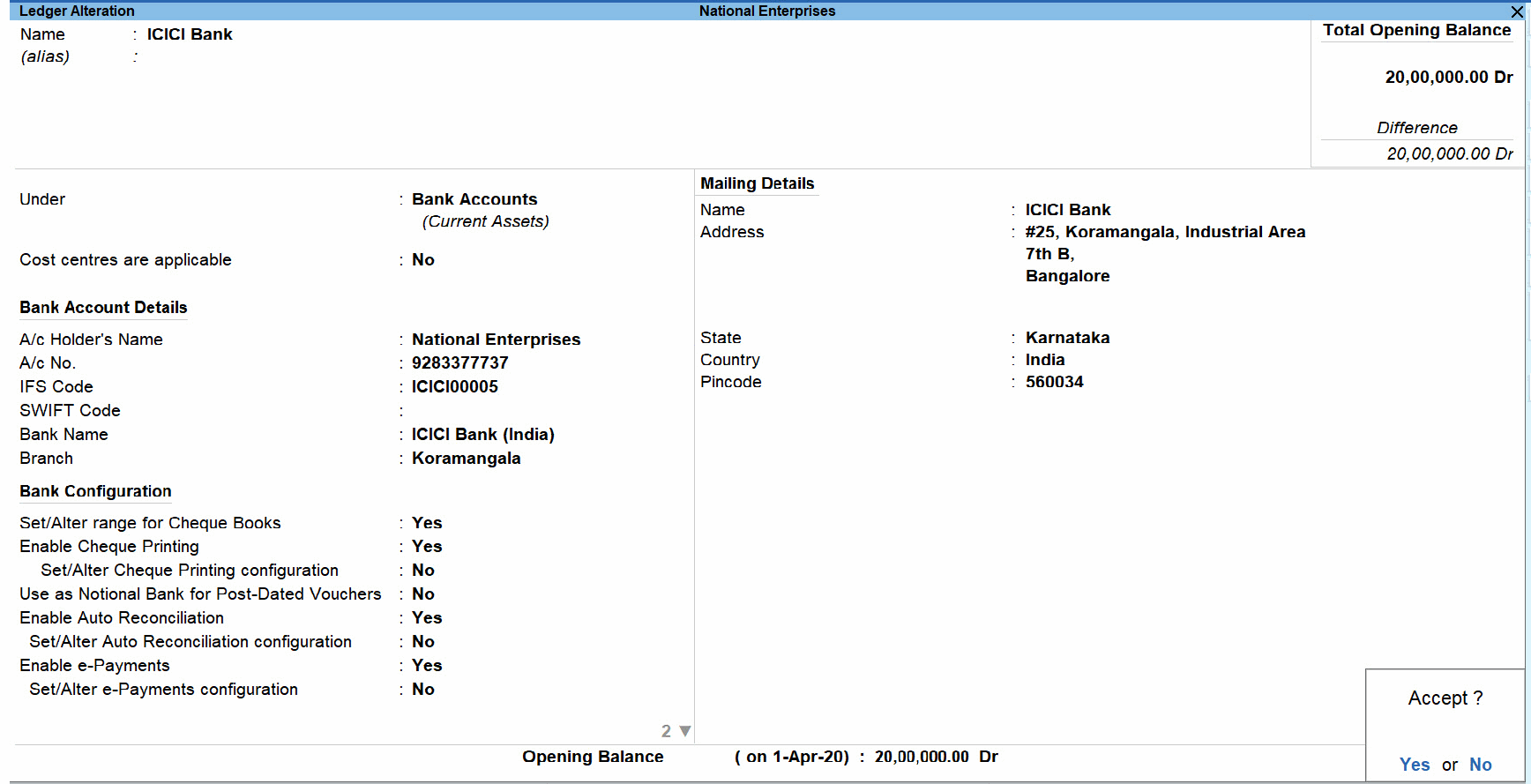 Bank Ledger Creation Screen in TallyPrime