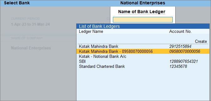 Select bank from list of bank ledgers
