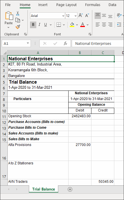 Ledgers Exported to MS Excel