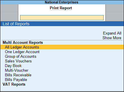 Print Multi Account Report in TallyPrime