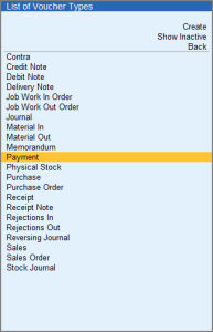 List of Voucher Types in TallyPrime