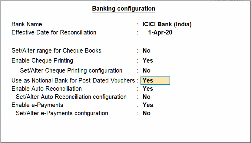 Banking Configuration Screen for Banking Ledger in TallyPrime 