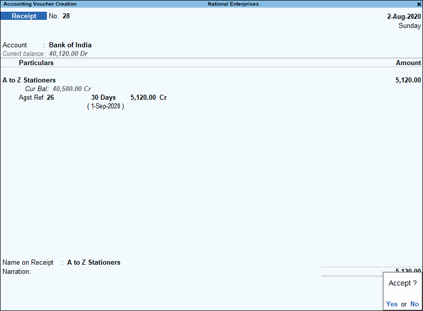 Receipt Voucher Entry Example