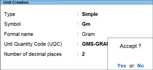 The Simple Unit Creation Screen with Number of Decimal Places Entered as 2 in TallyPrime