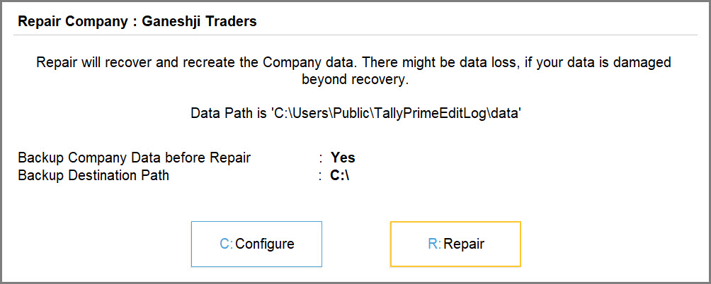 Repair Company Data in TallyPrime