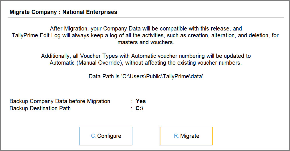 Company Data Migration From TallyPrime Release 2.0.1 or Earlier to TallyPrime Edit Log