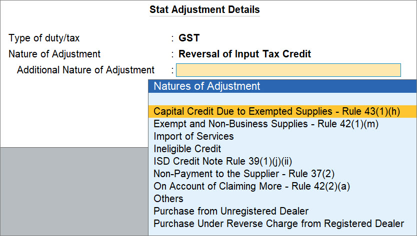 GST Adjustments in TallyPrime for Reversal of Input Tax Credit