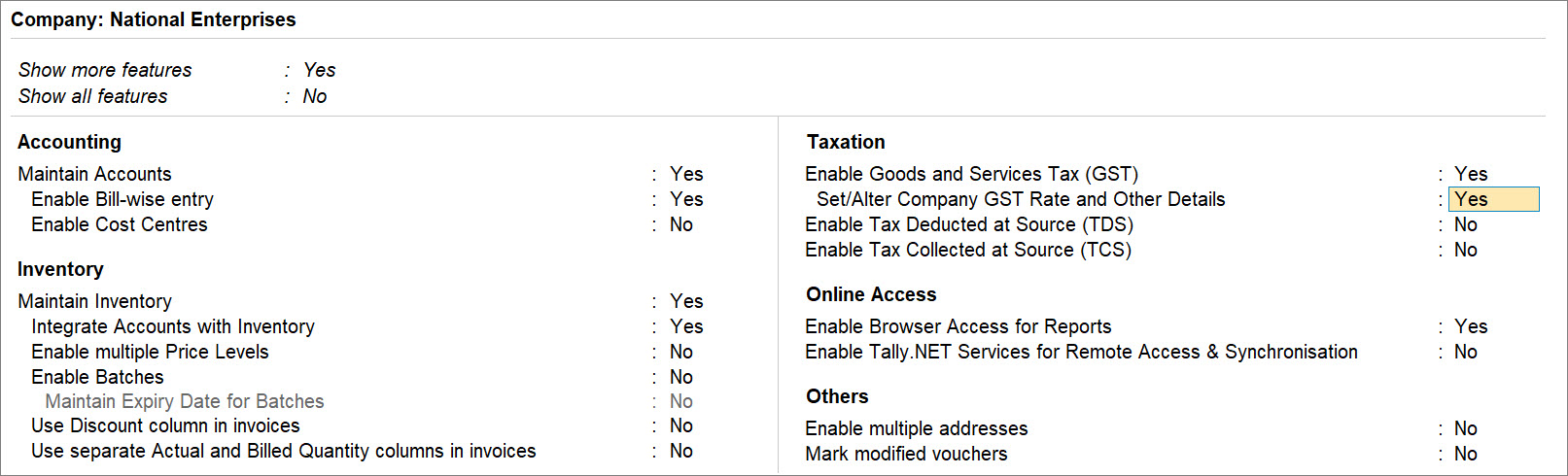 Set or Alter GST Rate and Other Details to Yes in TallyPrime