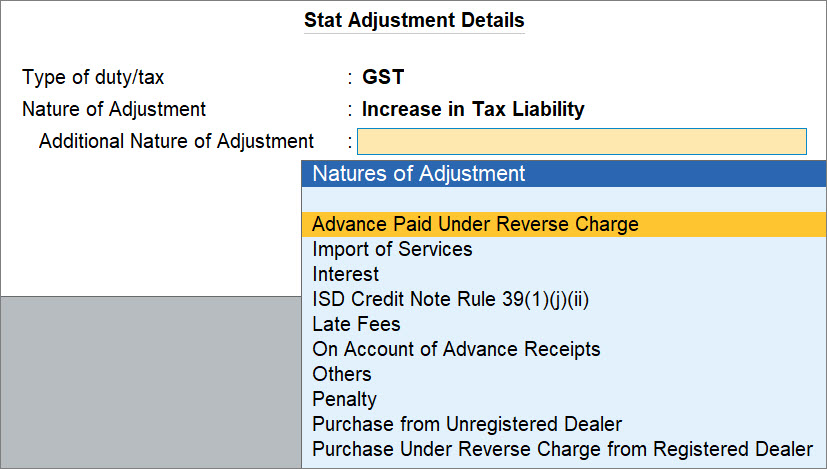 Stat Adjustment Details in TallyPrime