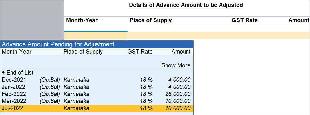 Details of Advance Amount to be Adjusted in TallyPrime