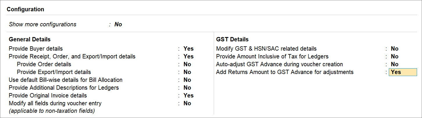 Add Returns Amount to GST Advance for Adjustments in TallyPrime