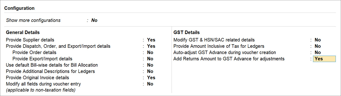 Add Returns Amount to GST Advance for Adjustments in TallyPrime