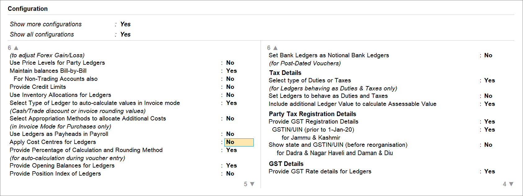 Set or Apply Cost Centres for Ledgers to Yes in TallyPrime