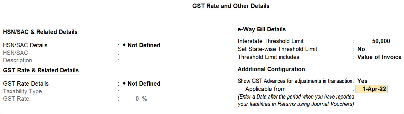 Show GST Advances for Adjustments in Transaction to Yes in TallyPrime
