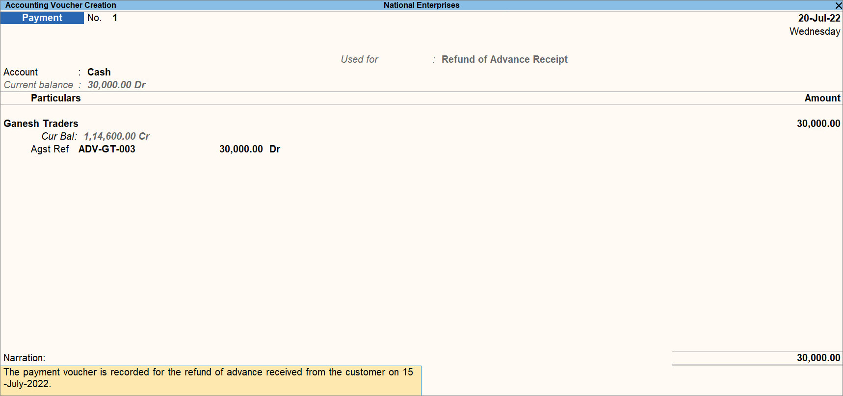 Payment Voucher Recorded for Refund of Advance Received in TallyPrime