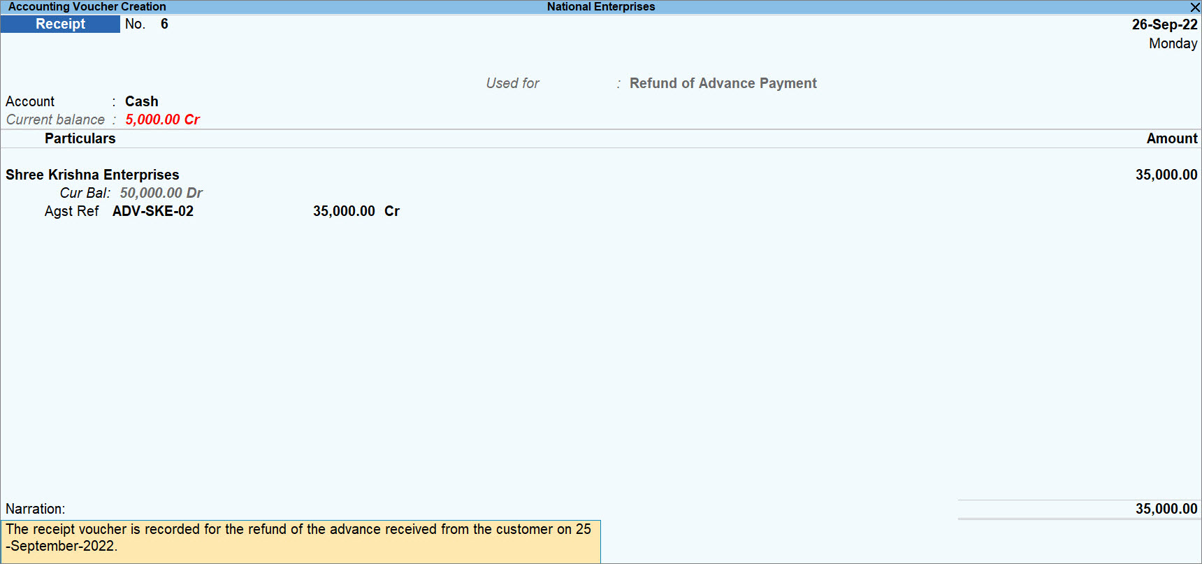 Receipt of Refund Against Advance Paid in TallyPrime