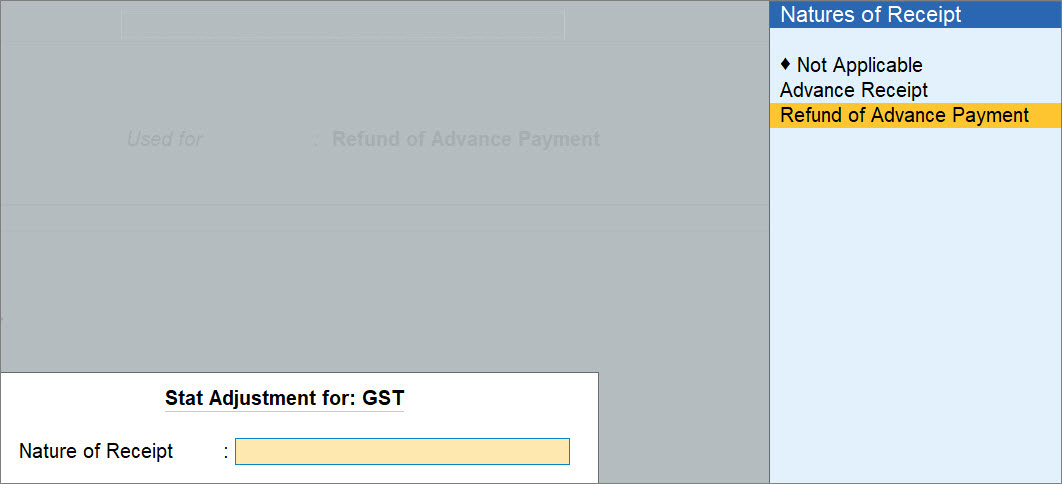 Stat Adjustment Details for Receipt of Refund Against Advance Paid in TallyPrime