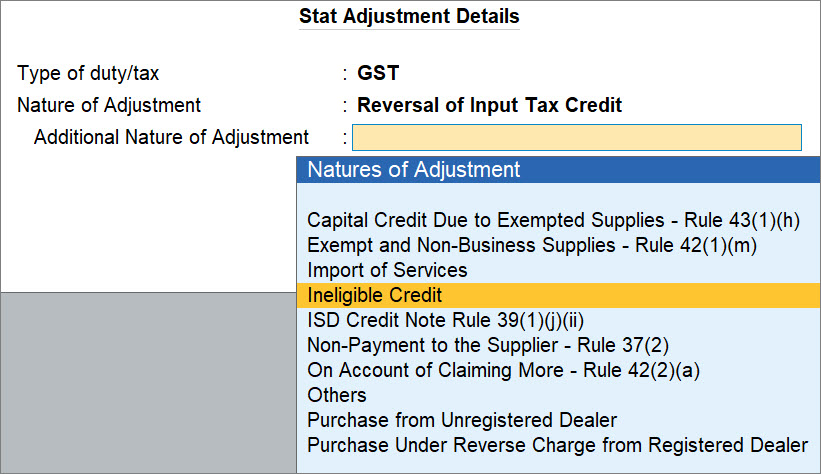 Journal Voucher for Stat Adjustment Details - Ineligible Credit in TallyPrime