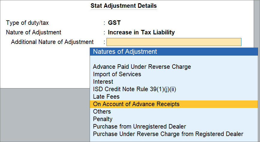Stat Adjustment Details Screen in TallyPrime