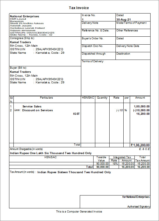 The Print of Sales Invoice for Service on Discount in TallyPrime