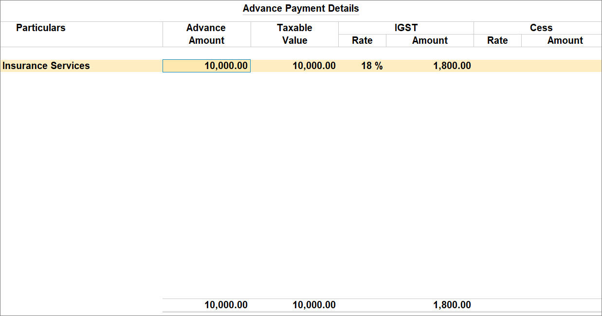 Advance Payment Details in TallyPrime