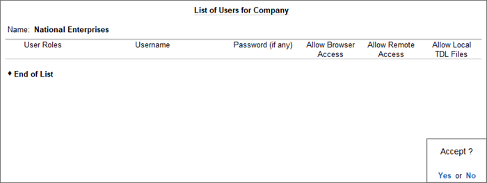 The List of Users for Company Screen in TallyPrime