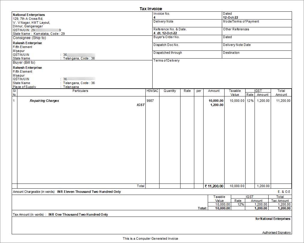 Item wise printing of tax invoice for interstate supply of services
