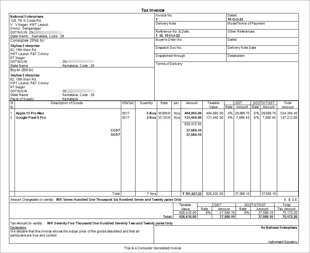 Item wise printing of tax invoice for local supply of goods