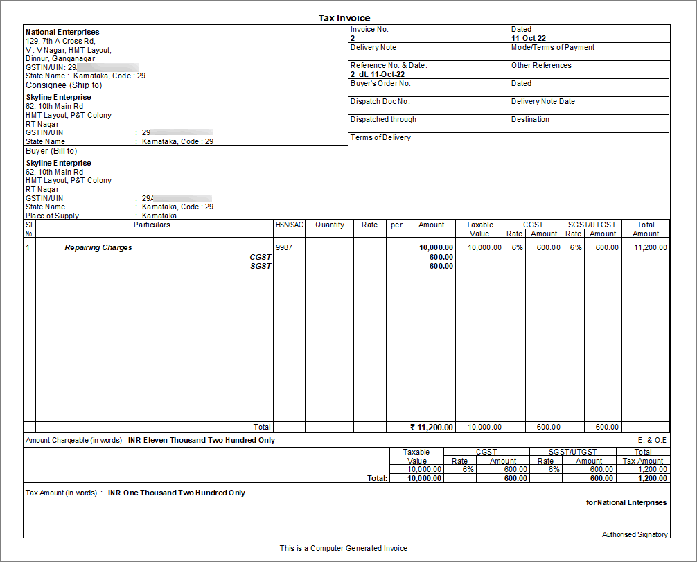 Item wise printing of tax invoice for local supply of services