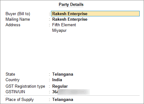 Party details screen with Place of Supply - Interstate