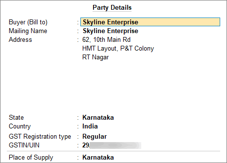 Party details screen with Place of Supply