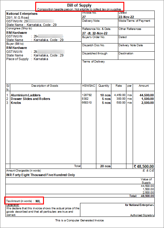 Print of GST invoice