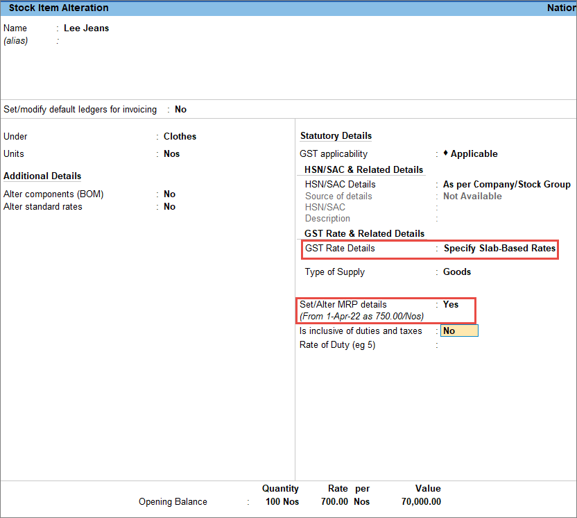 Stock item with slab based rate with item rate