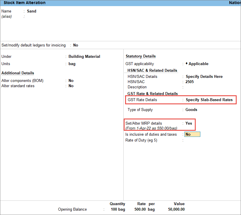 Stock item with slab based rate