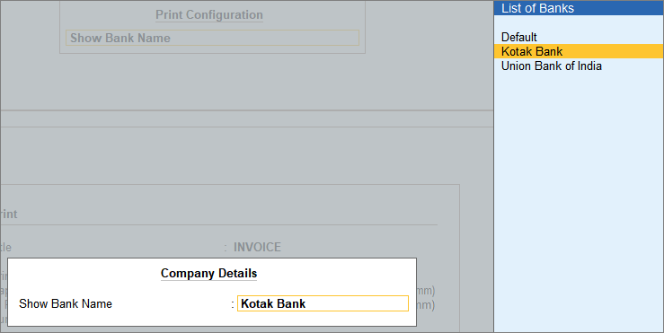 Add bank details in the invoice in Tally Prime